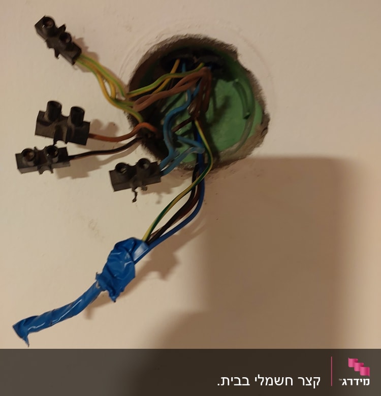 חוטי חשמל יוצאים מקופסה בקיר עם סרט בידוד כחול